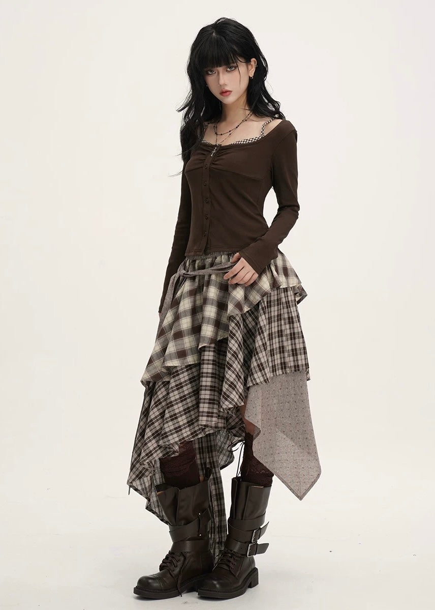 MIX CHECK LAYERED ASYMMETRY SKIRT / LG1540