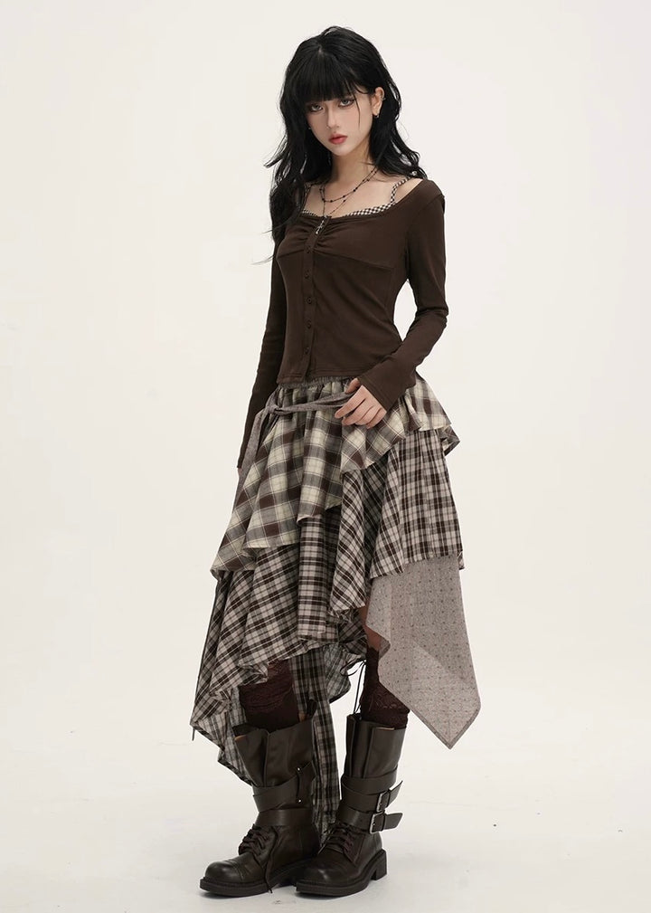 MIX CHECK LAYERED ASYMMETRY SKIRT / LG1540