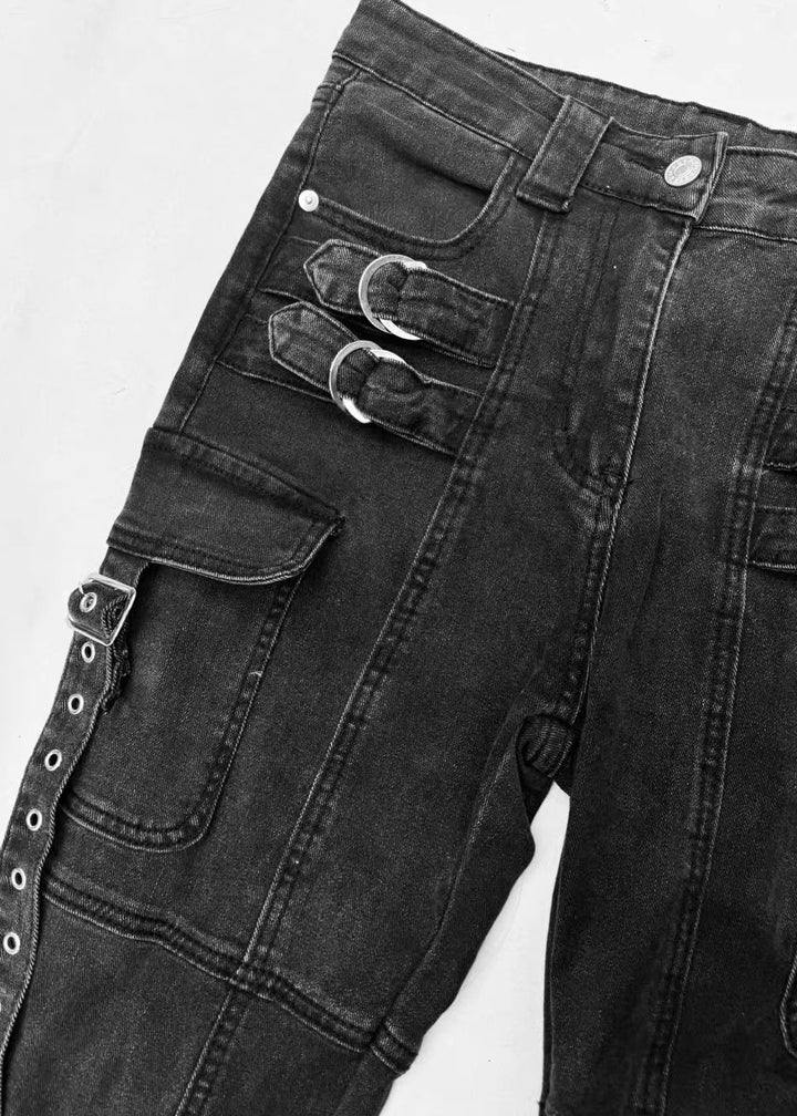 DARK WASHED BUCKLE FLARE CARGO PANTS / LG1683