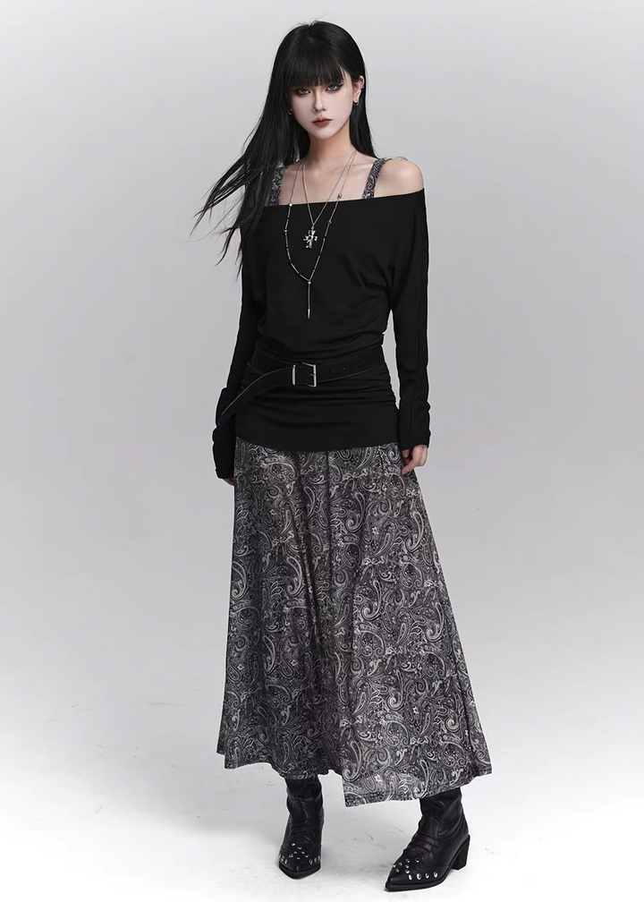 ASYMMETRY OFF-SHOULDER TOP &amp;amp; PAISLEY LONG SKIRT SET / LG1419_e4r