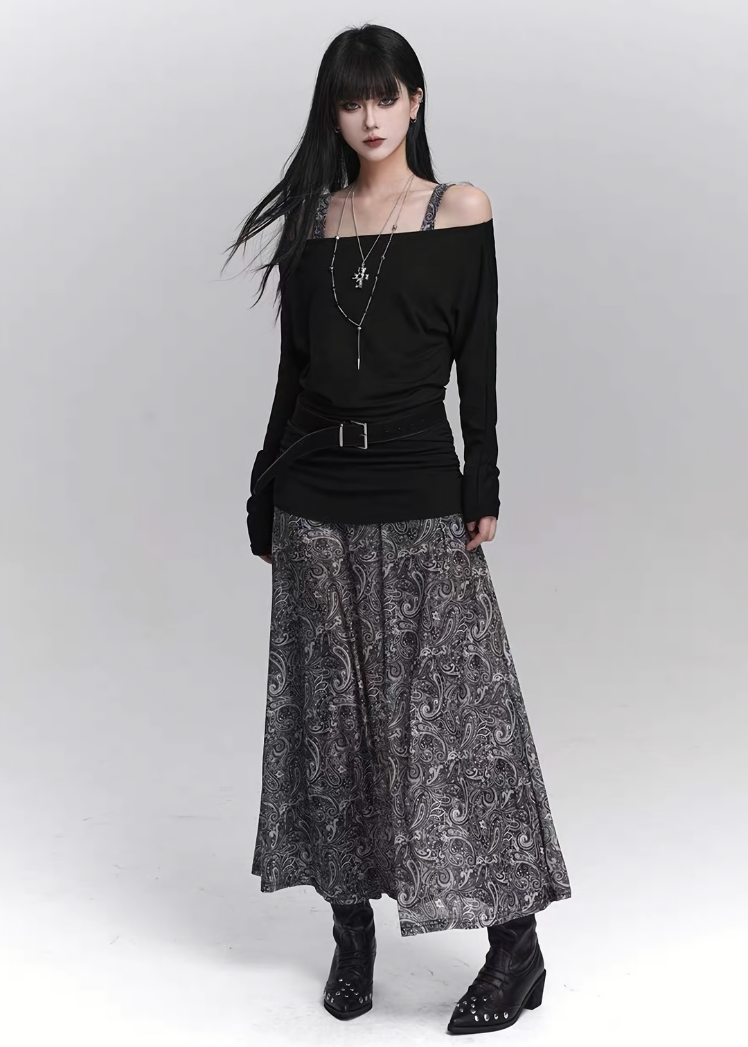 ASYMMETRY OFF-SHOULDER TOP & PAISLEY LONG SKIRT SET / LG1419_e4r