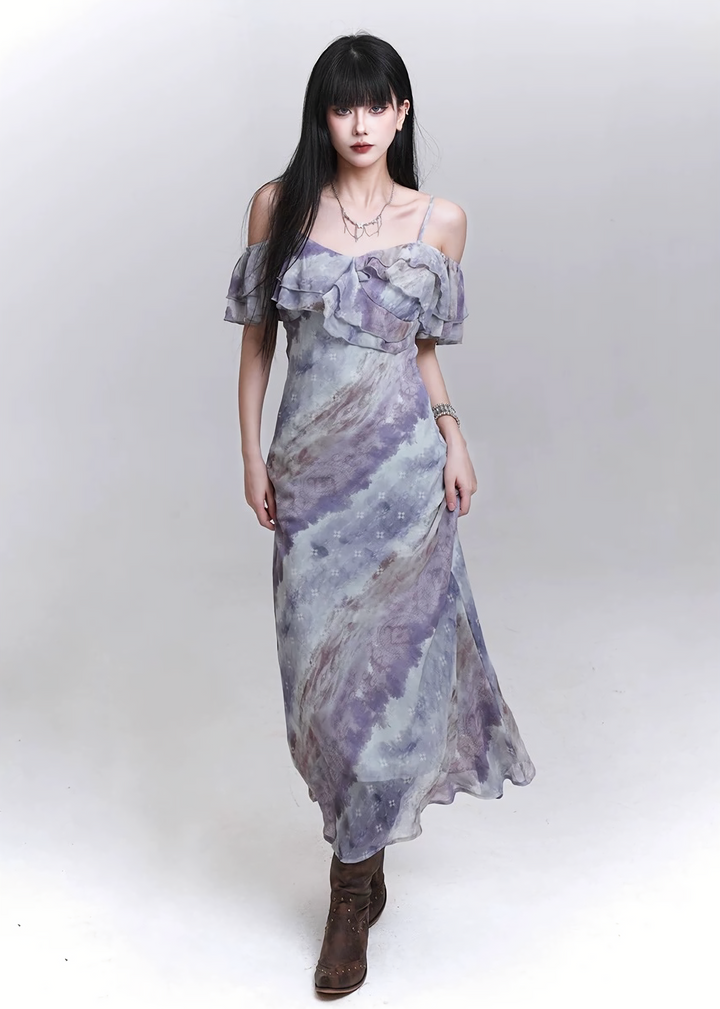 Sheer drape gathered purple dress / lg1316 