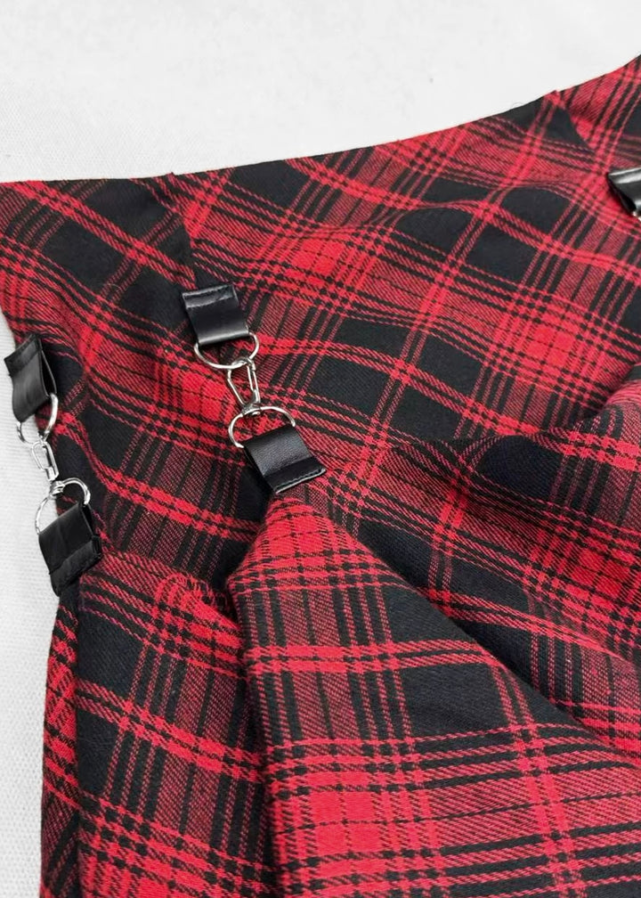 RED CHECK ASYMMETRY LAYERED SKIRT / LG1572