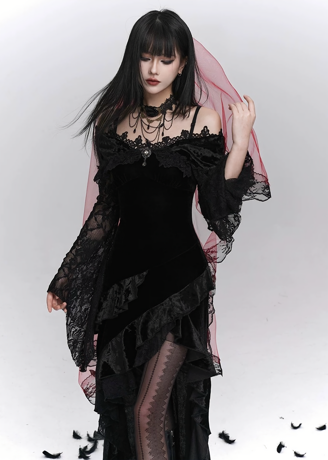 Velvet Lace Asymmetry Dress Gothic / LG1405