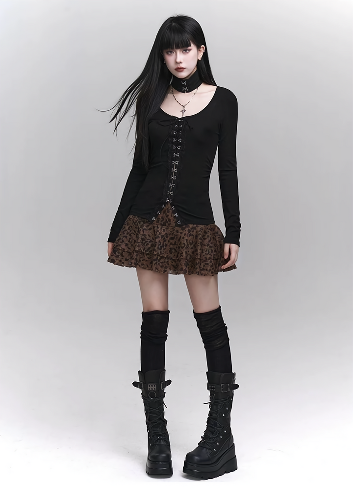[Same-day shipping] Black lace cut and sew + leopard print skirt / LG1160