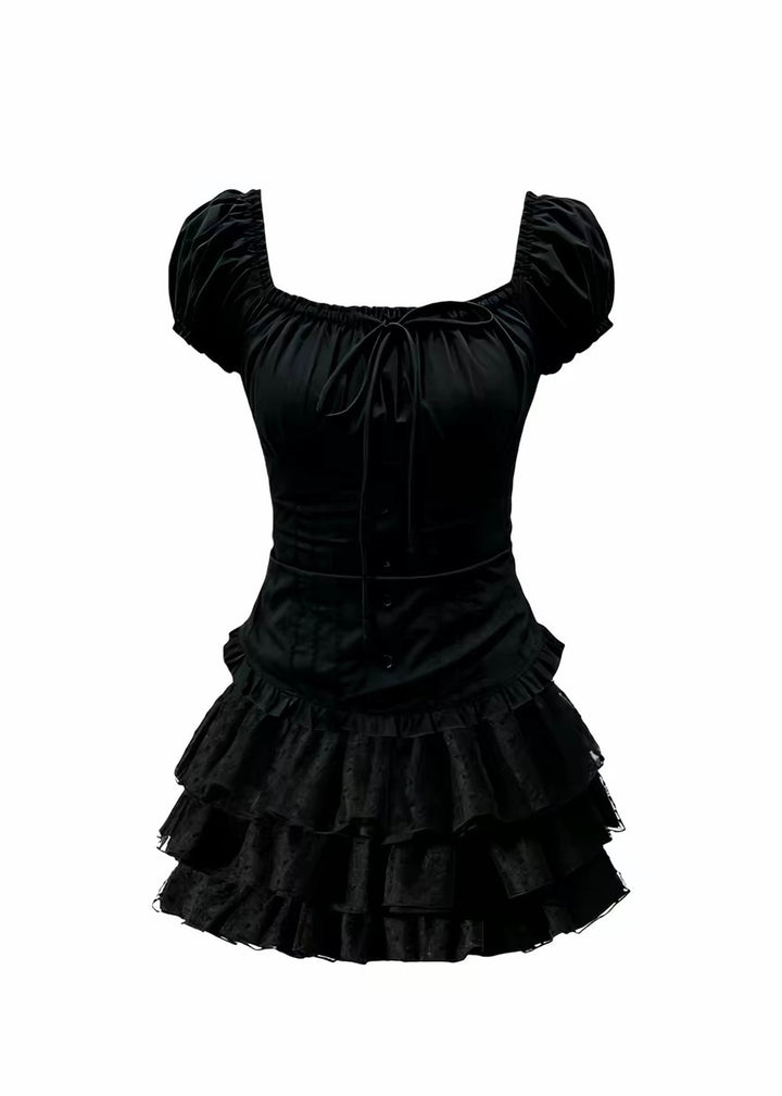 DARK SQUARE NECK PUFF SLEEVE TOP &amp; DOT TIERED MINI SKIRT / LG1678