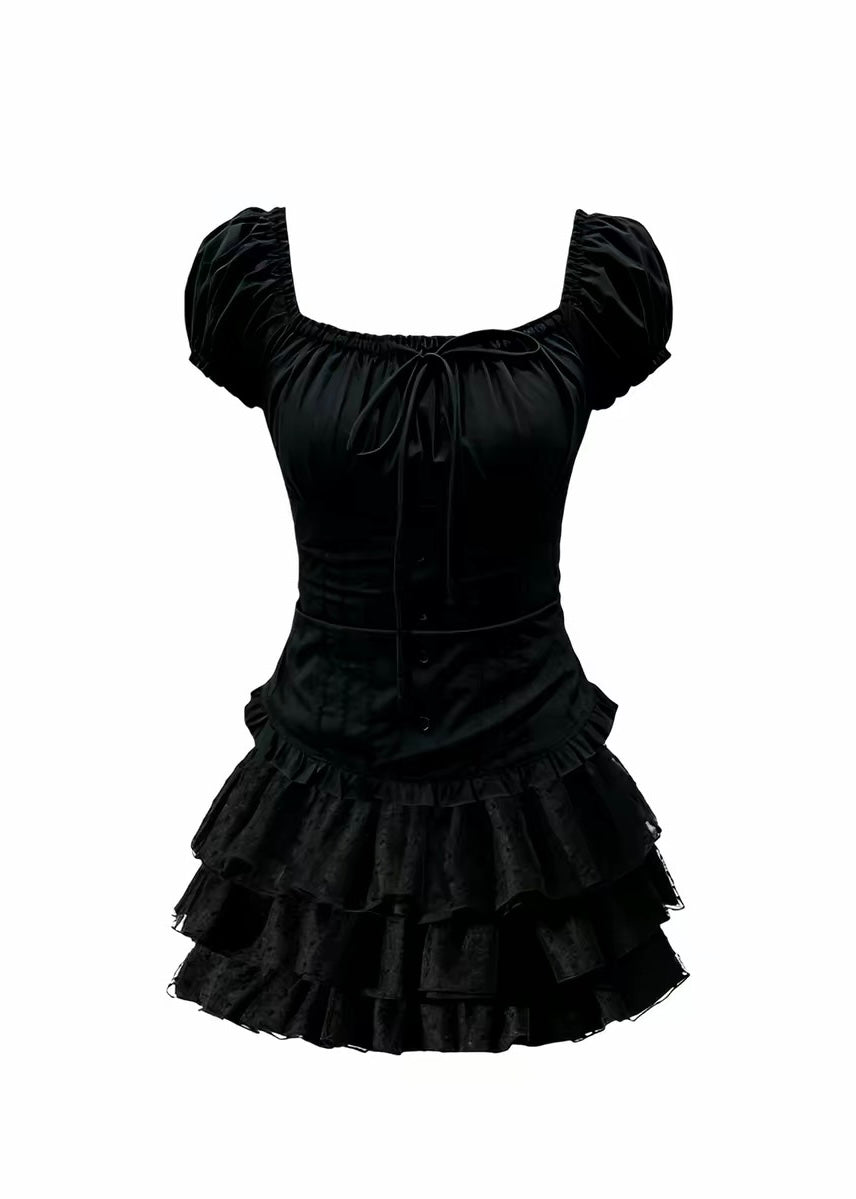 DARK SQUARE NECK PUFF SLEEVE TOP &amp; DOT TIERED MINI SKIRT / LG1678