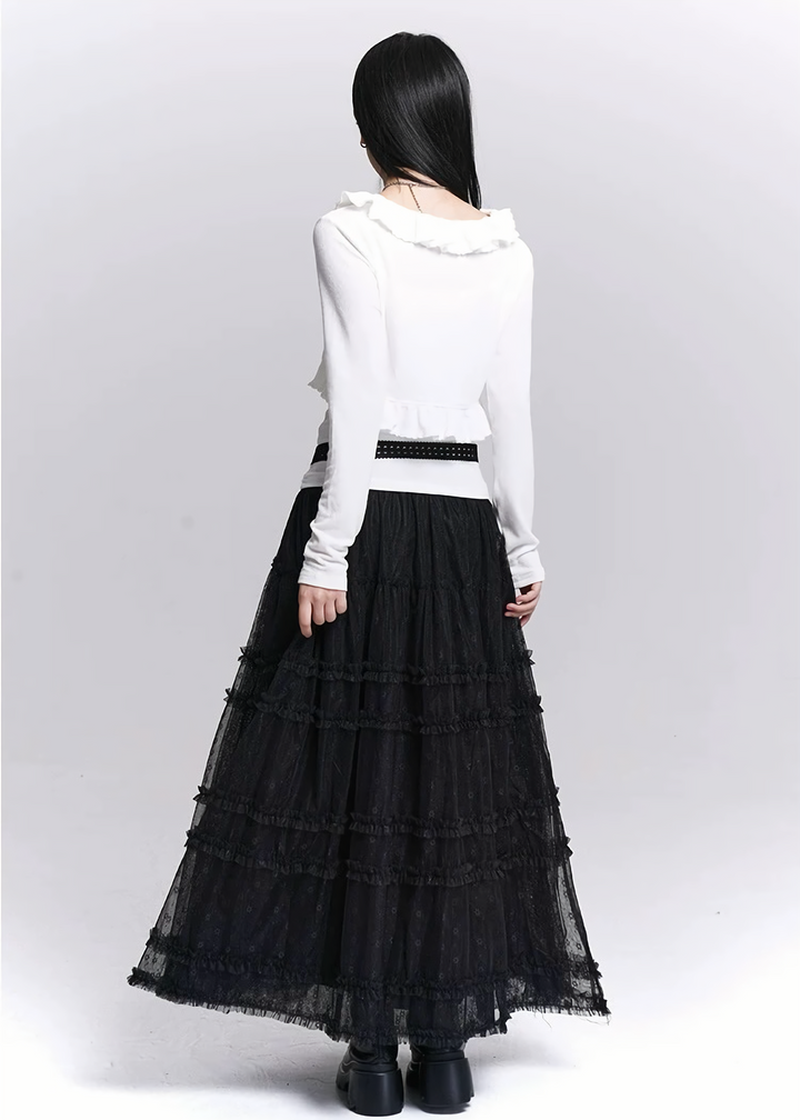 BLACK LACE TIERED MESH SKIRT / LG1531_e4r