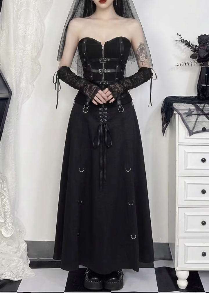 DARK BUCKLE BUSTIER TOP &amp; ASYMMETRIC LONG SKIRT / LG1667