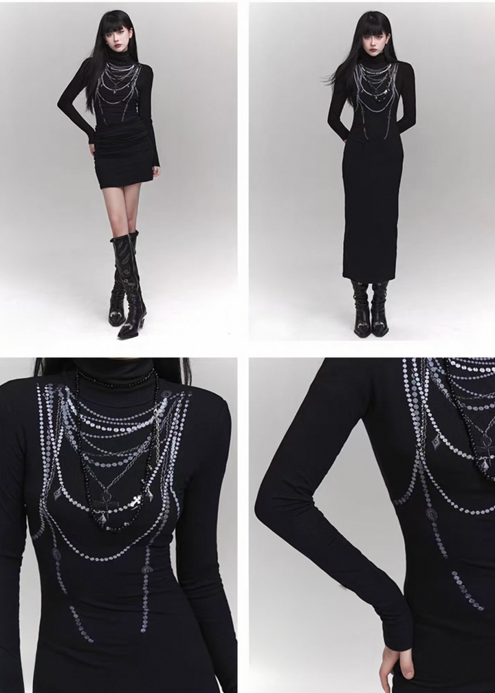 CHAIN DETAIL DARK LONG DRESS  / LG1420