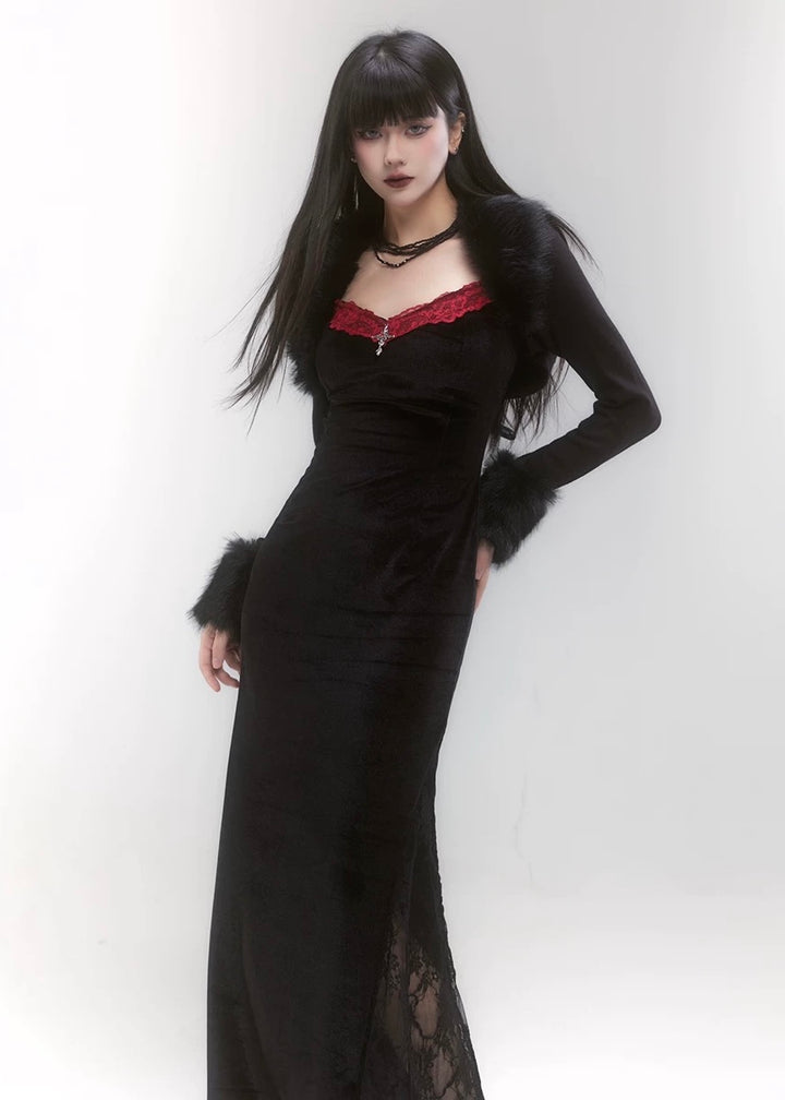 velvet black dress &amp; cropped fur jacket / LG1211