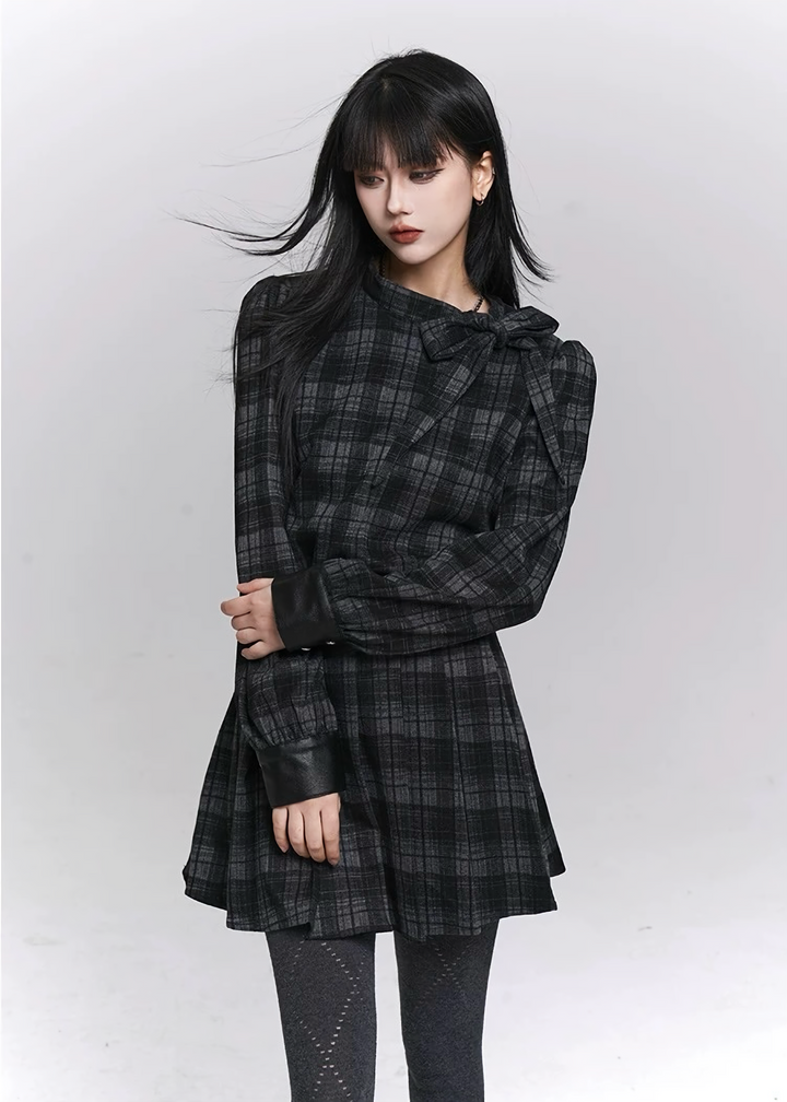 GHOSTLY CHECK RIBBON MINI DRESS / LG1490