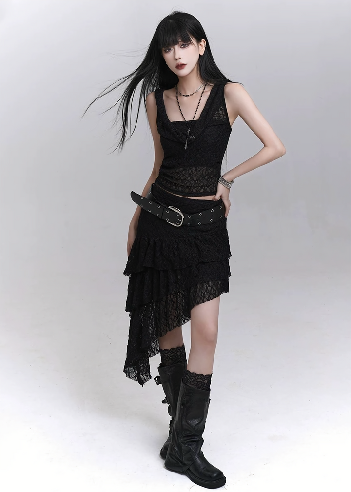 Sheer gathered hood cami &amp;amp; layered chiffon long skirt / lg1315 