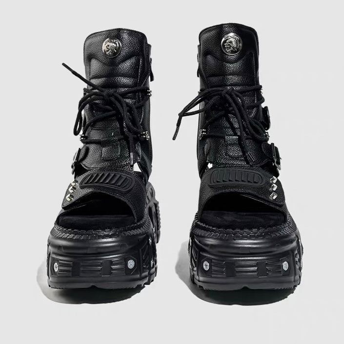 DARK TECH BUCKLE PLATFORM SANDAL BOOTS / V1174