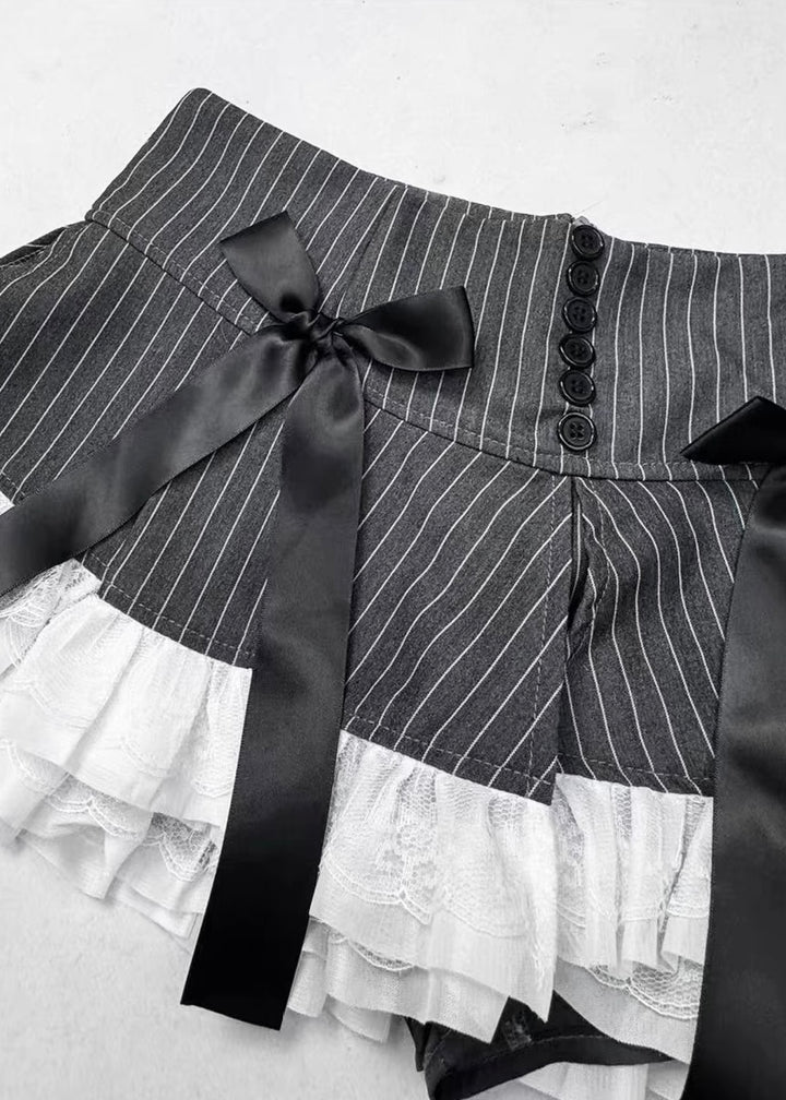 DARK STRIPE LACE RIBBON PLEATED MINI SKIRT / LG1681