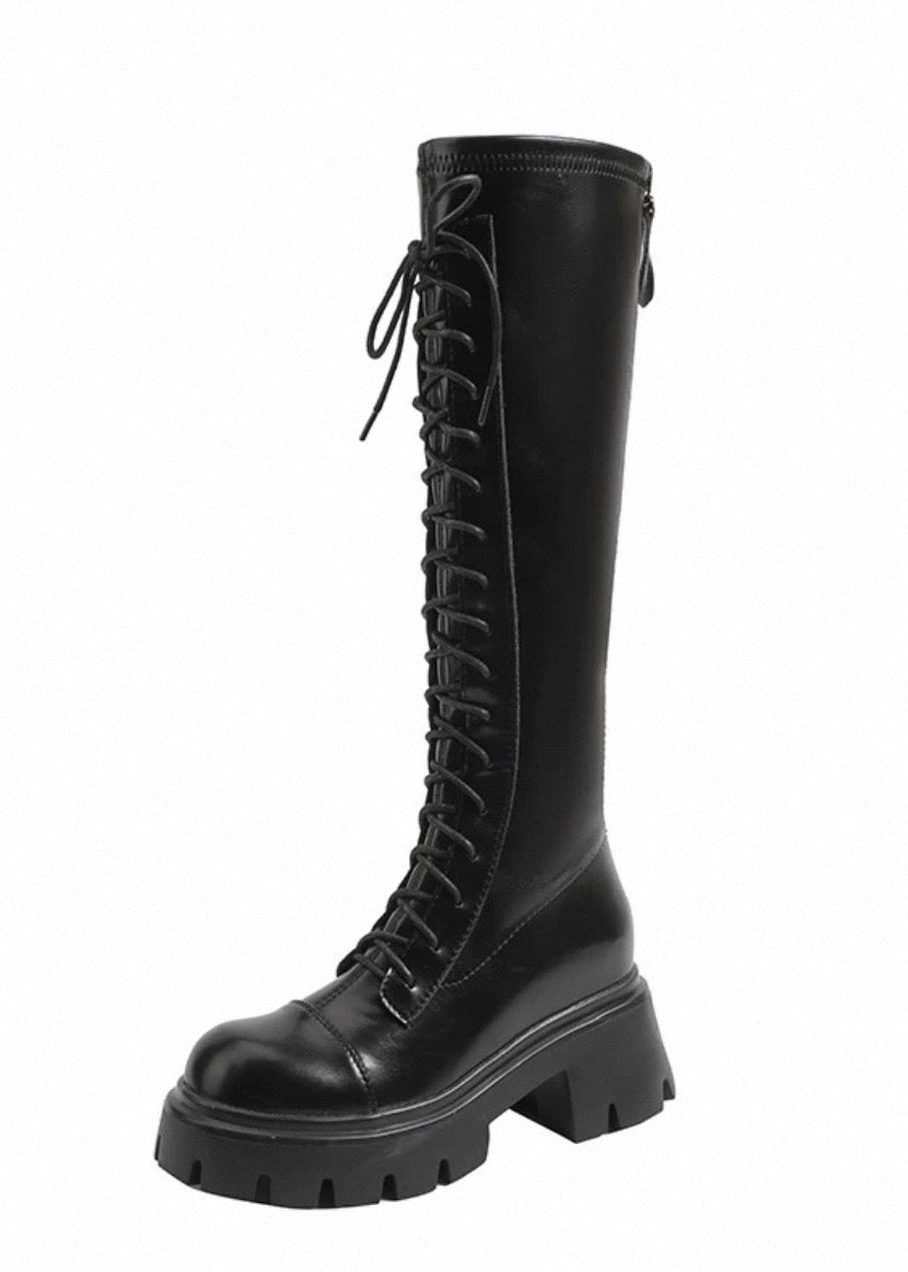 Lace-up platform long boots / v1133