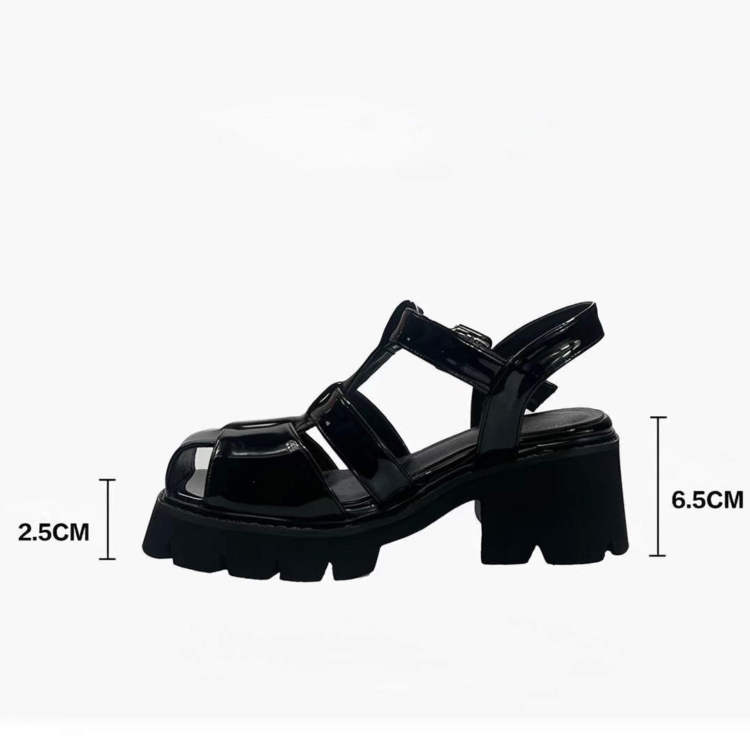 DARK Patent Strap Chunky Heel Sandals / V1181