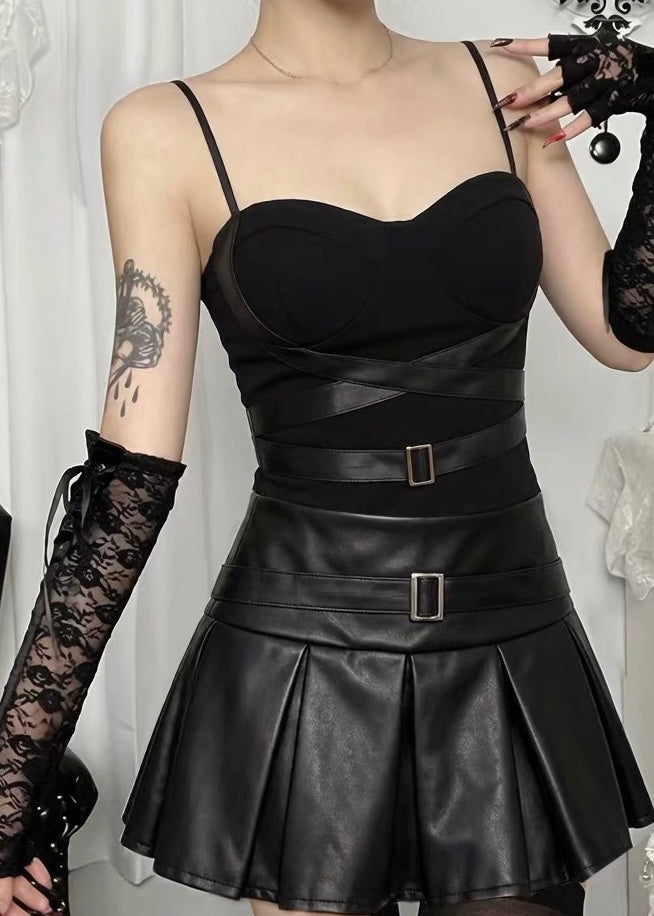 DARK LEATHER PLEATED SET / LG1650