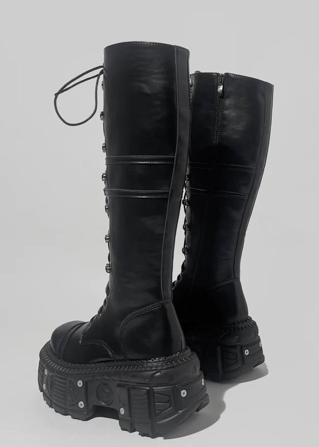 Black platform lace-up long boots / V1101