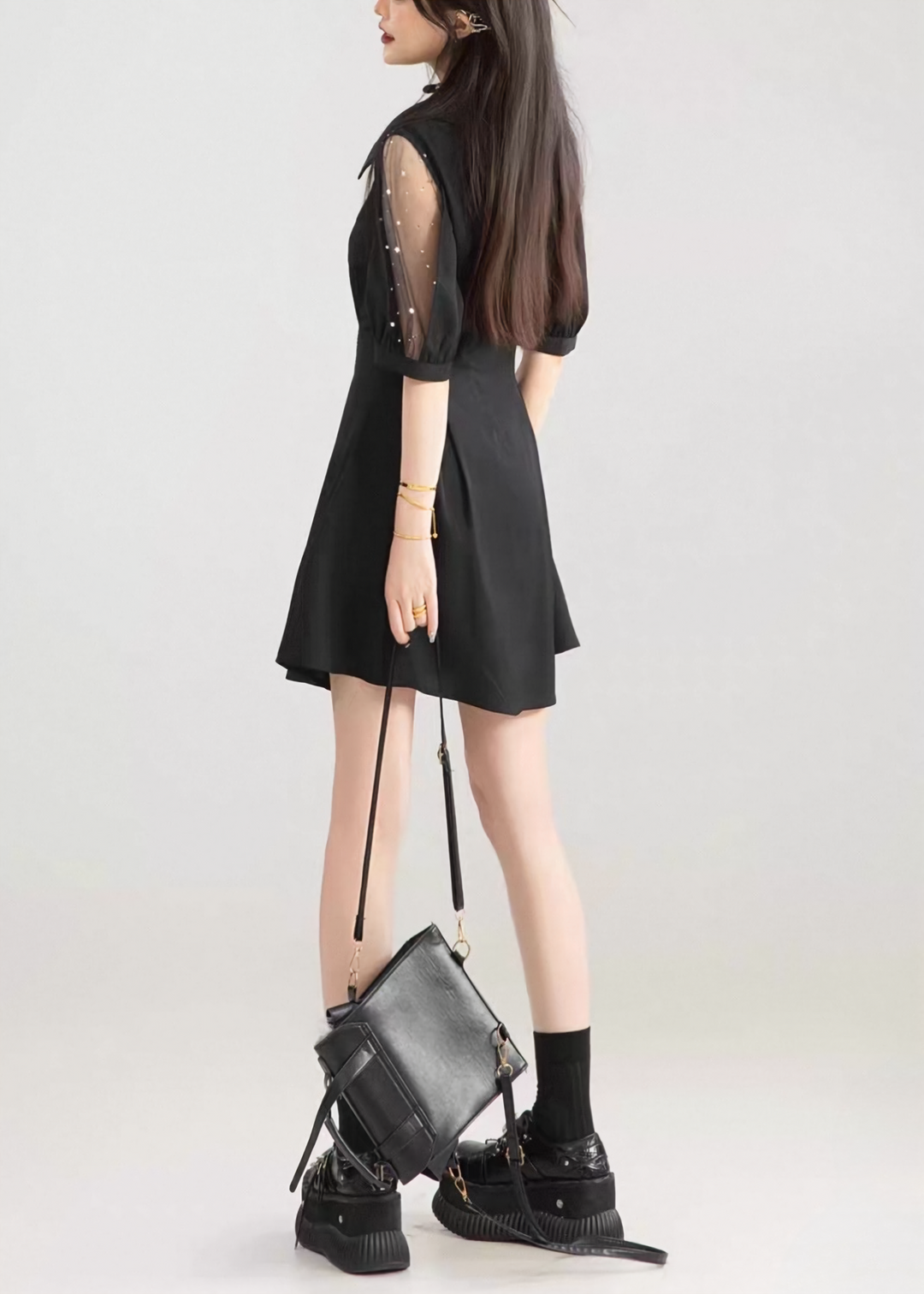 PEARL SHEER SLEEVE LACE-UP DRESS / LG1599