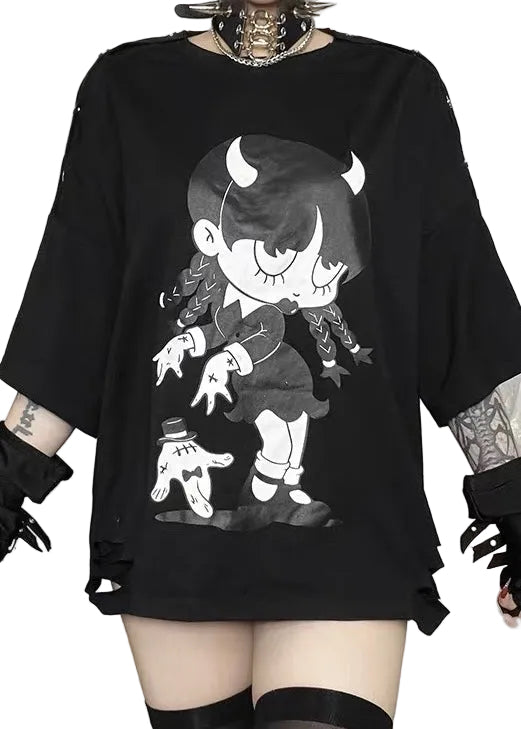 DARK DEMON GIRL PRINT OVERSIZE T-SHIRT / LG1632