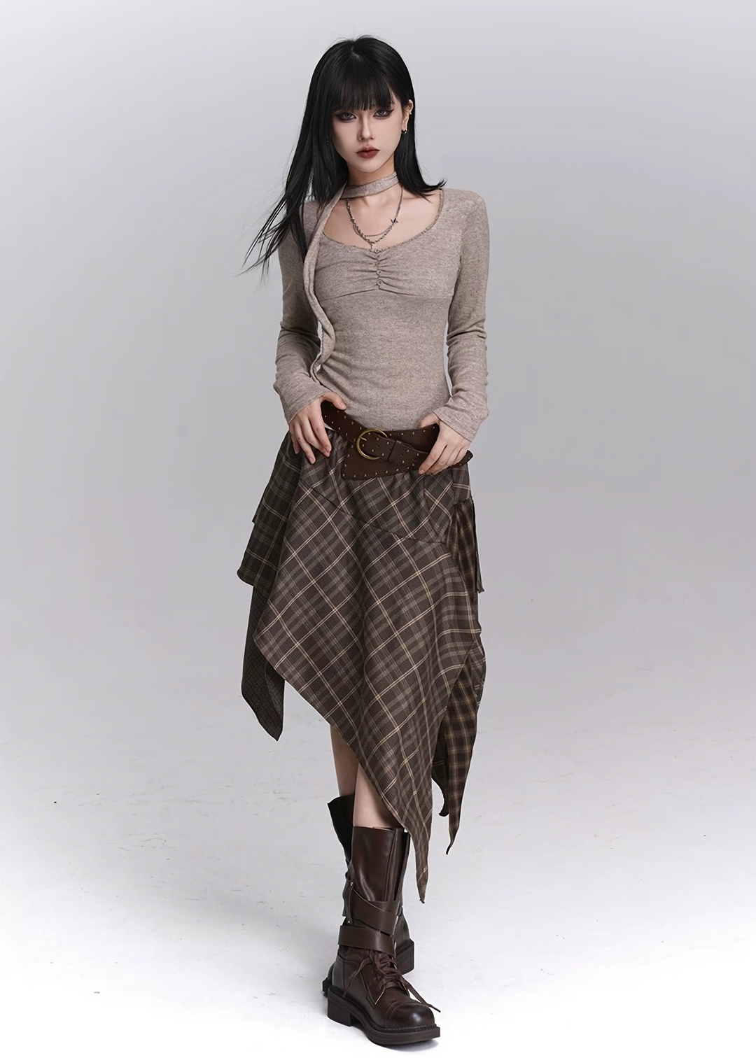 ASYMMETRY CHECK DRAPE SKIRT / LG1447