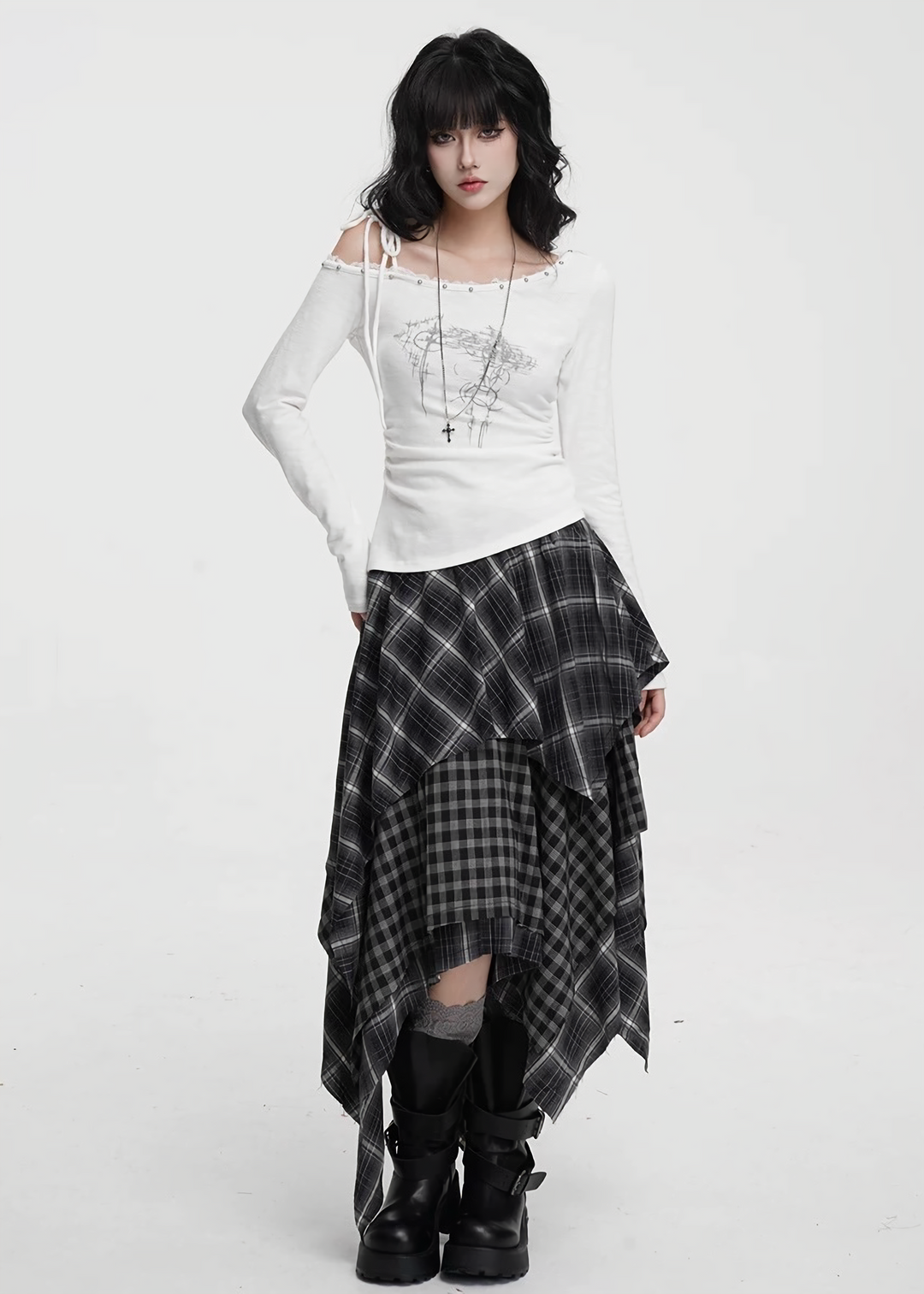 ASYMMETRIC CHECK DRAPE SKIRT / LG1424