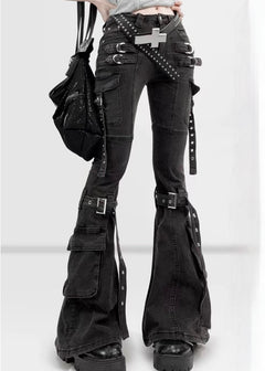 DARK WASHED BUCKLE FLARE CARGO PANTS / LG1683
