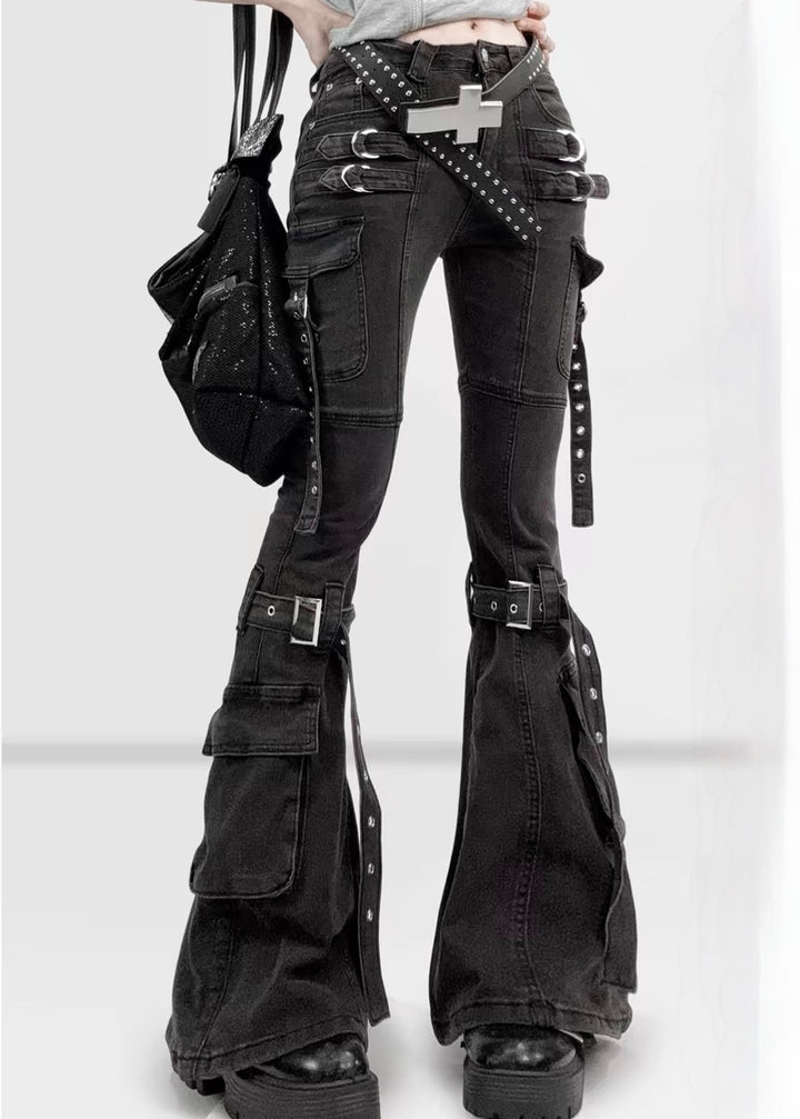 DARK WASHED BUCKLE FLARE CARGO PANTS / LG1683