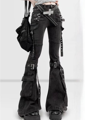 DARK WASHED BUCKLE FLARE CARGO PANTS / LG1683
