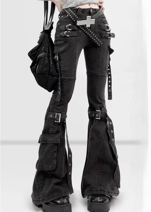 DARK WASHED BUCKLE FLARE CARGO PANTS / LG1683