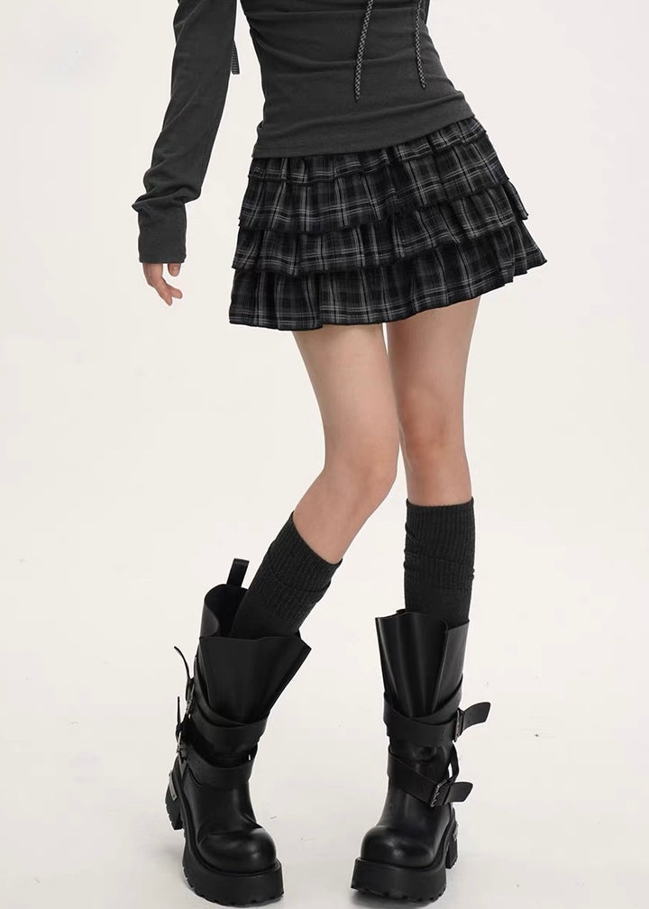 Dark Check Tiered Mini Skirt / lg1375