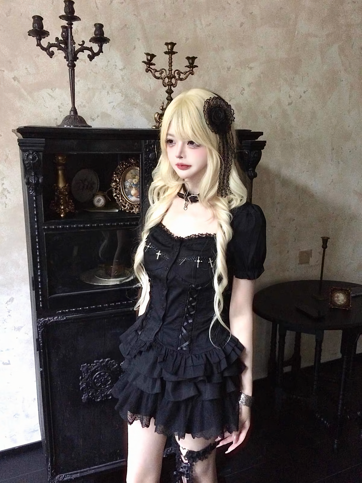 GOTHIC CROSS LACE-UP PEPLUM TOP / LG1671