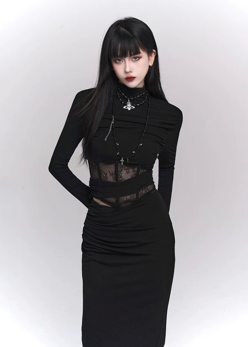 【당일 배송】Black lace cut and sew &amp; mermaid skirt / LG1143