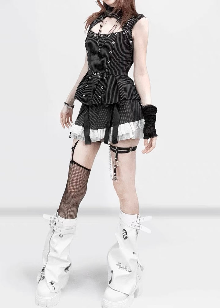 DARK STRIPE LACE RIBBON PLEATED MINI SKIRT / LG1681