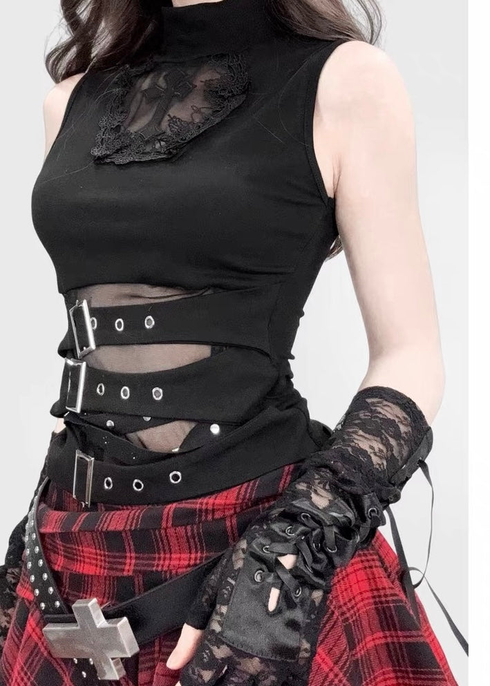 GOTHIC CROSS BUCKLE CUTOUT TOP / LG1616