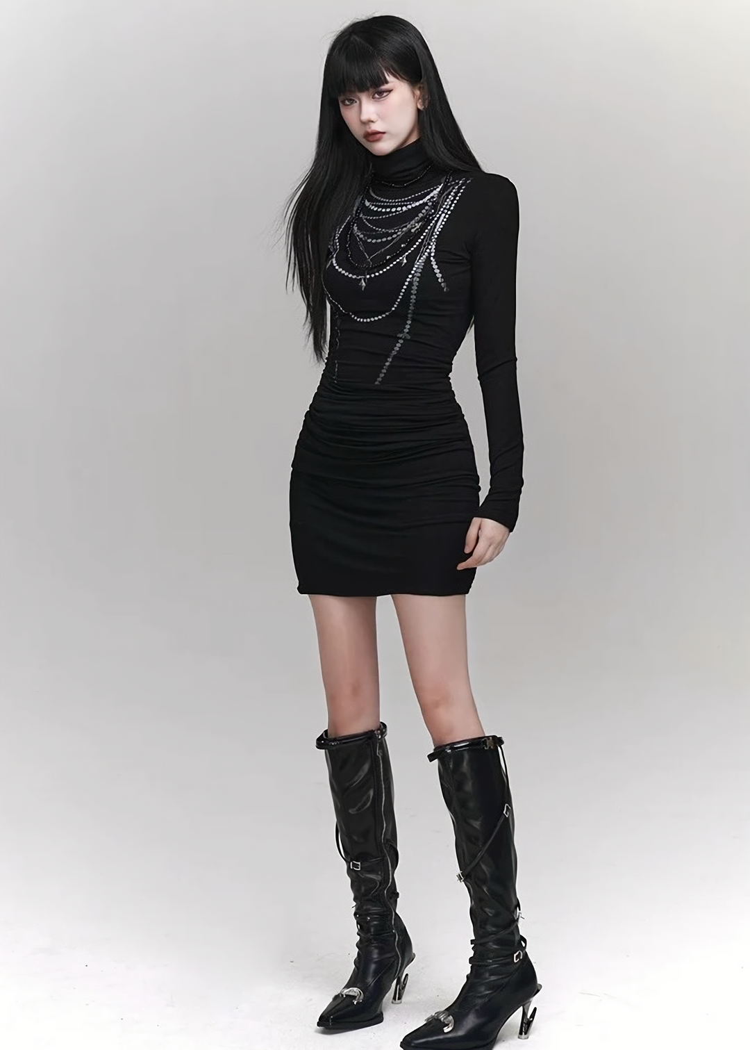 CHAIN DETAIL DARK LONG DRESS  / LG1420