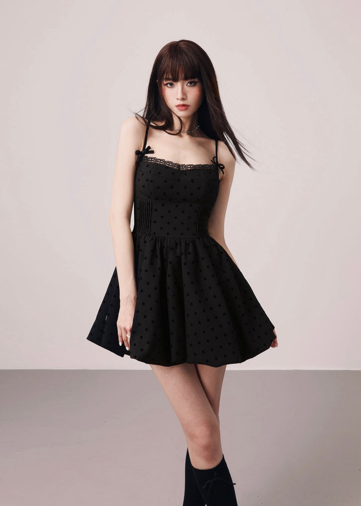 Dot black balloon mini dress / mu1124