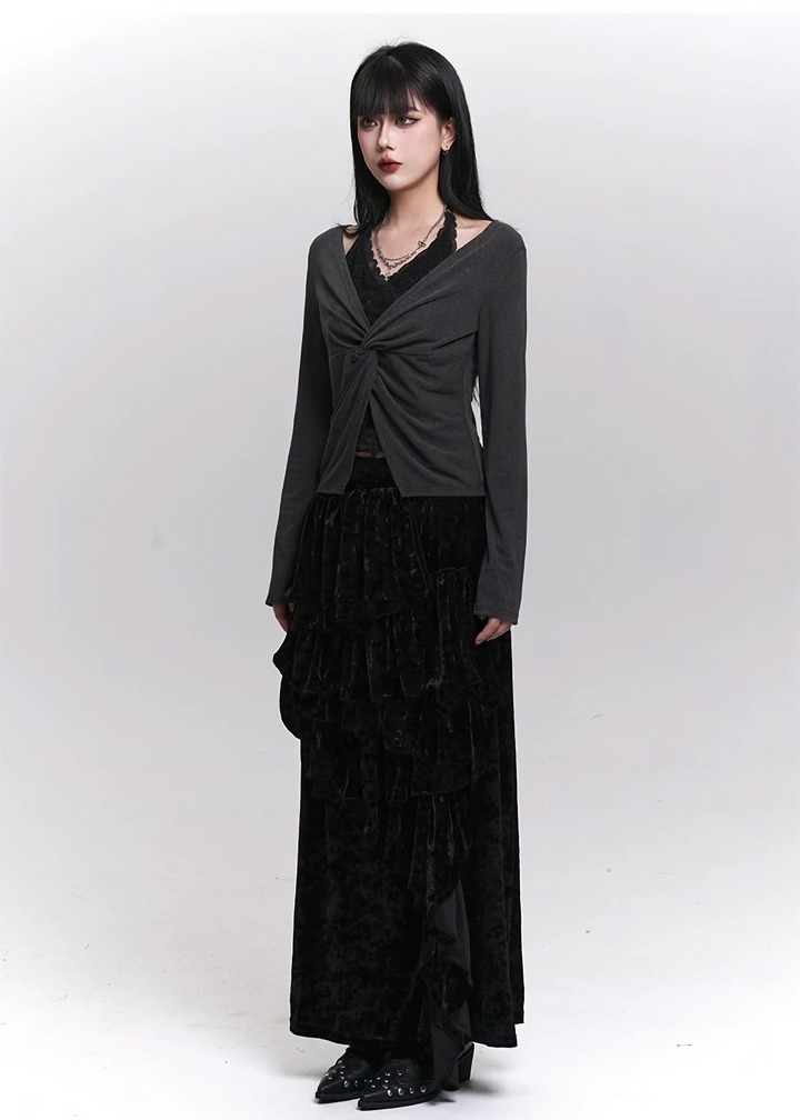 VELVET CASCADE RUFFLE MAXI SKIRT / LG1479