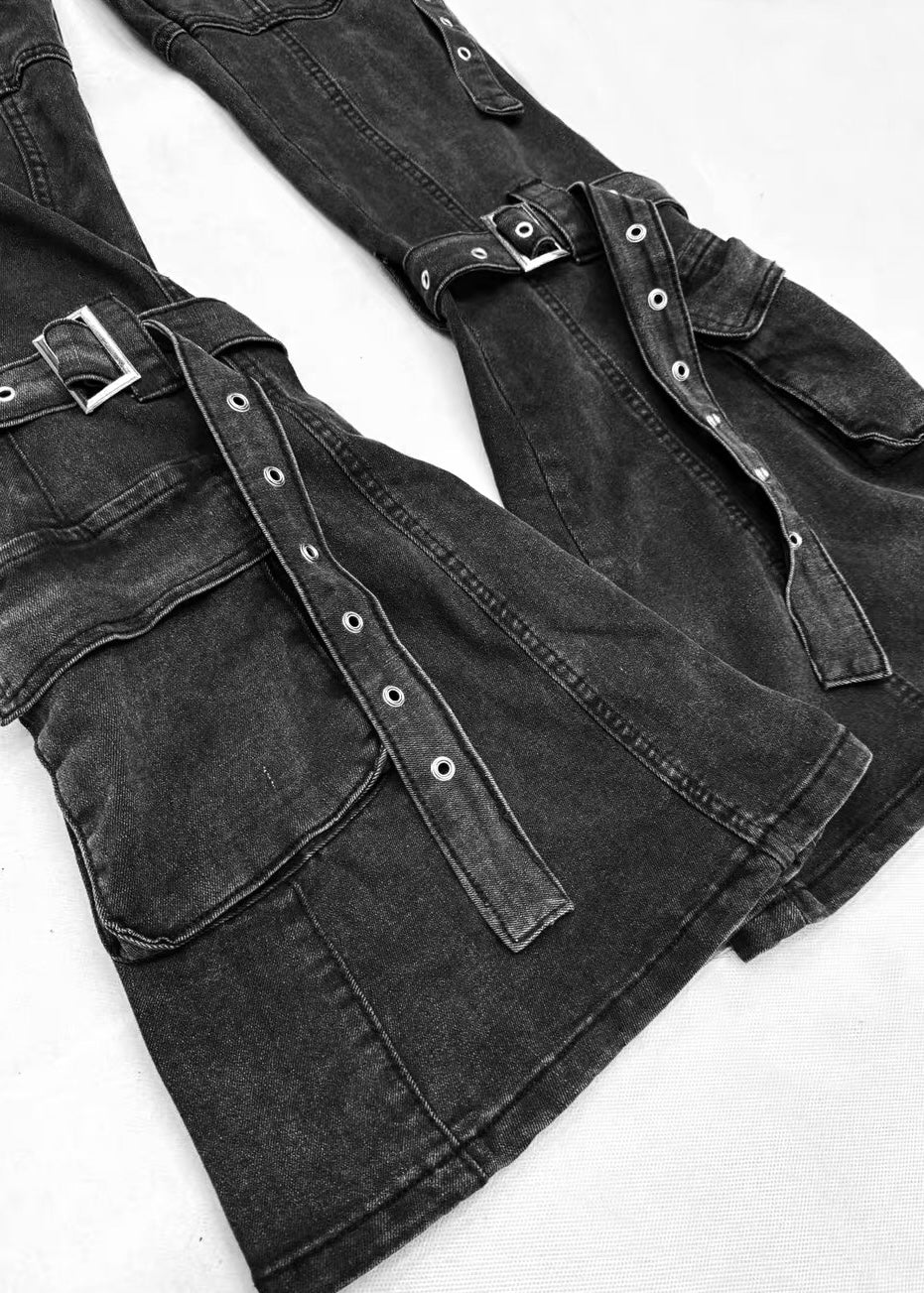 DARK WASHED BUCKLE FLARE CARGO PANTS / LG1683