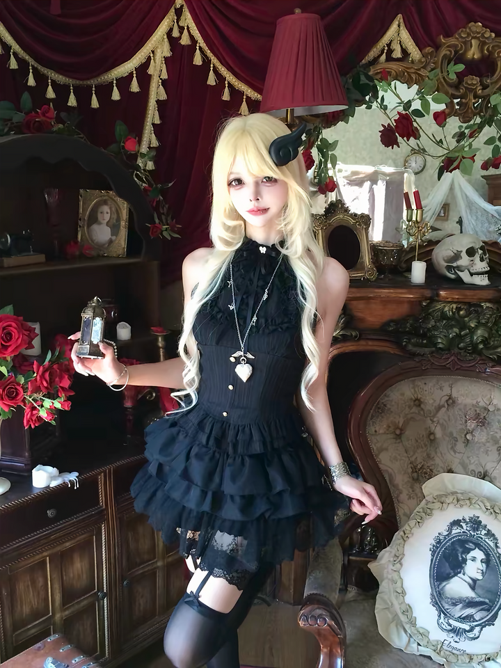 GOTHIC HIGH NECK FRILL HALTER TOP / LG1672