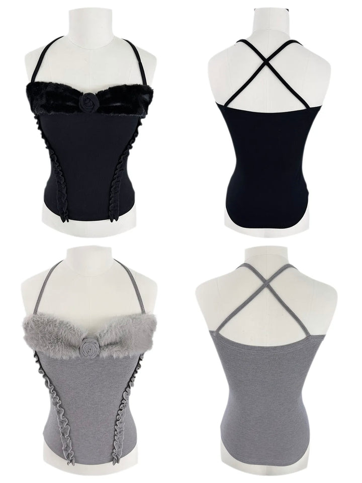 FUR TRIM ROSE CAMISOLE &amp; RUFFLE BOLERO SET / LG1736