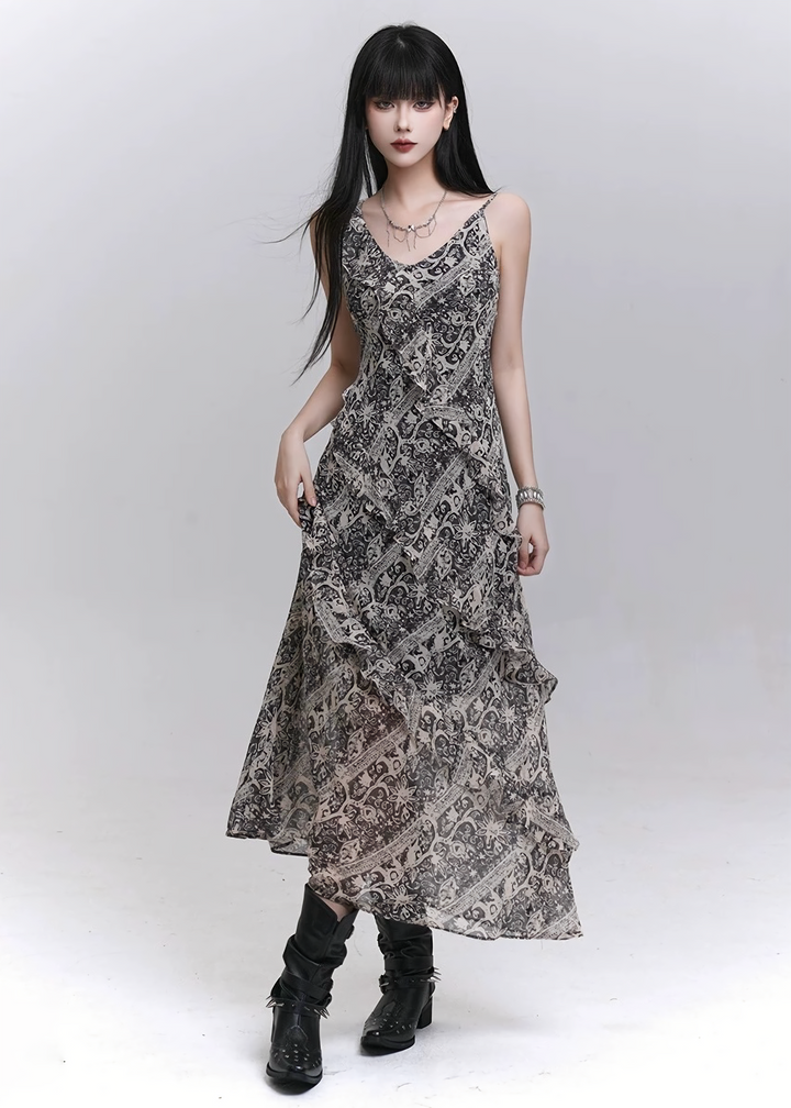 Grey tie-dye x tulle drape dress / lg1312 