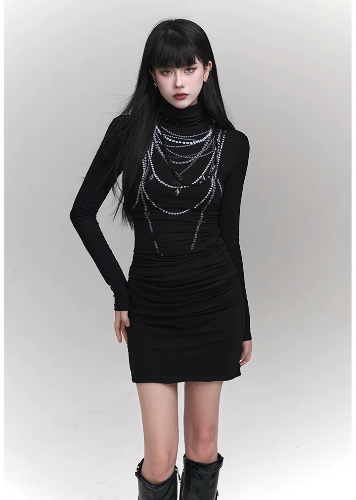 CHAIN DETAIL DARK LONG DRESS  / LG1420