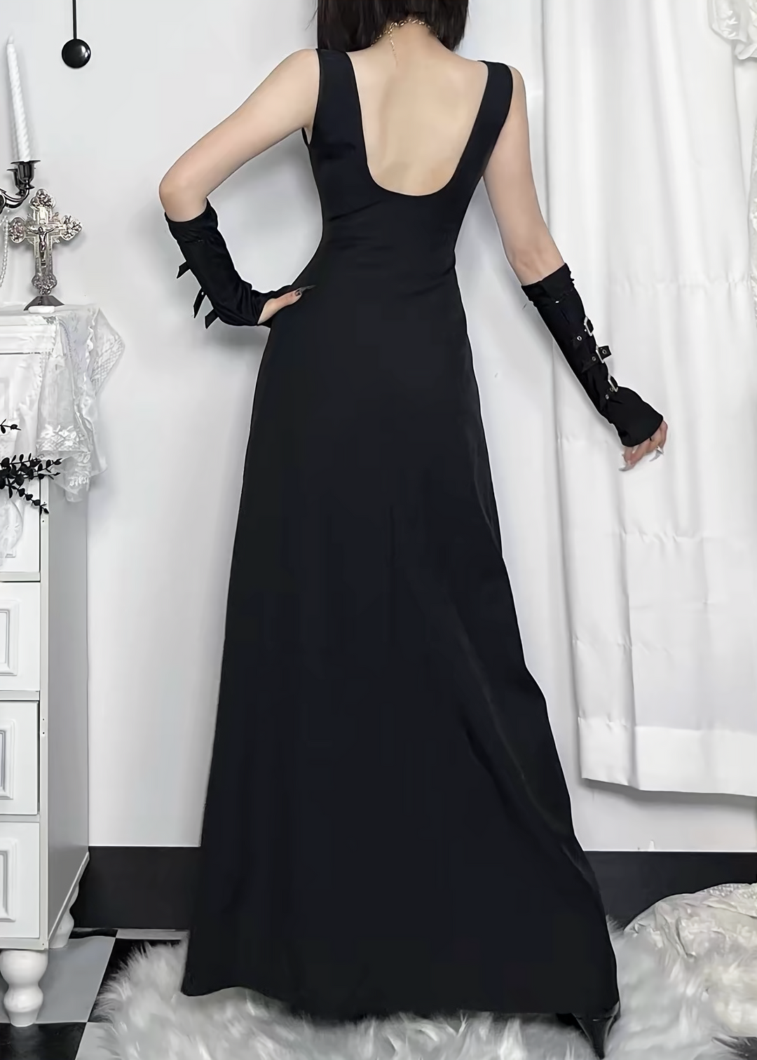 DARK BUTTON SLIT SLEEVELESS LONG ONE-PIECE / LG1696