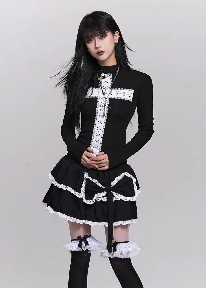 LACE TRIM TIERED SKIRT / LG1492