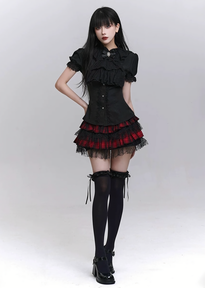 Lace-trimmed puff sleeve shirt / LG1301 