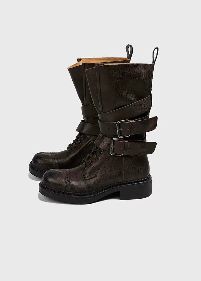 Double belt high-top lace-up boots / v1152