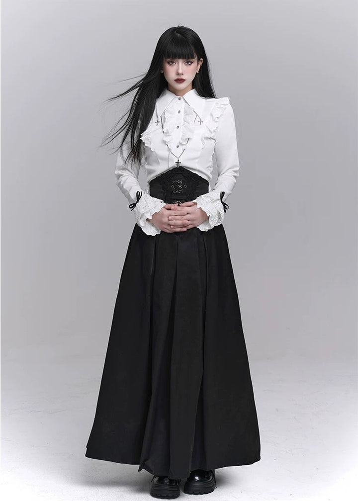 frill blouse &amp; high waist pleated long skirt / LG1224