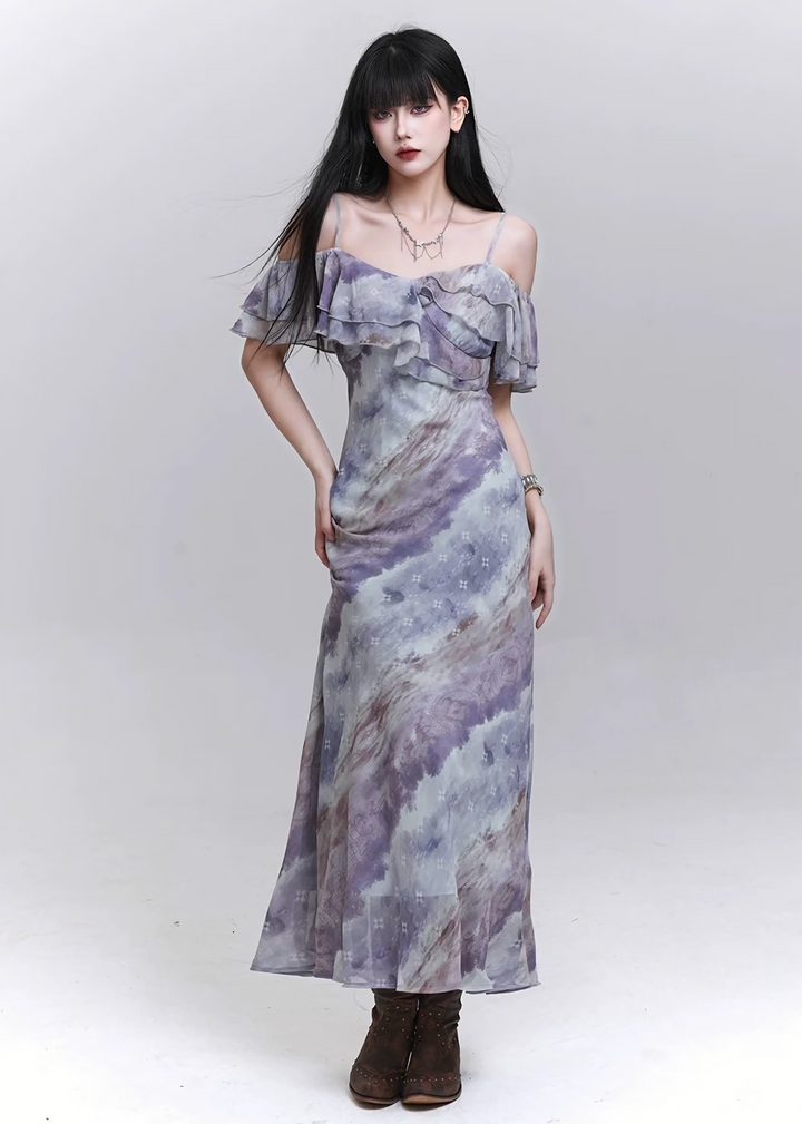 Sheer drape gathered purple dress / lg1316 